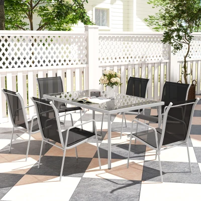 Outsunny Conjunto de Refeição 7 Peças com Mesa de Vidro Temperado e 6 Cadeiras Empilháveis com Apoio para os Braços Preto