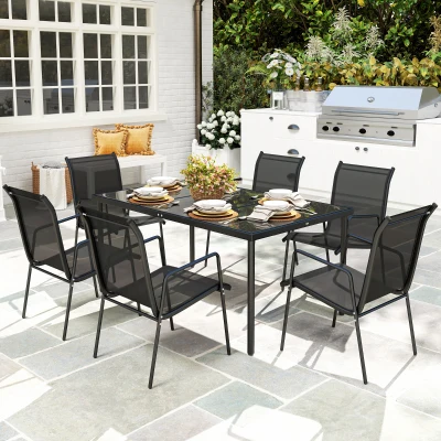 Outsunny Ensemble Jardin 6 Pers Table Verre & Chaises Noir