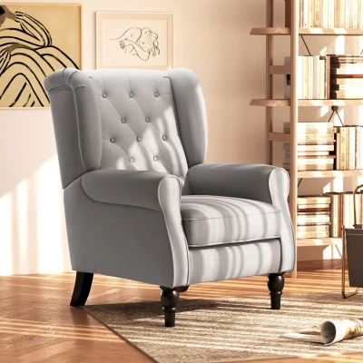 HOMCOM Retro Wingback Accent Chair Wood Frame Grey