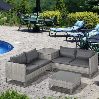 Outsunny 4 PCs Rattan Wicker Sofa Set Outdoor Conservatory Furniture w/ Side Storage Box
