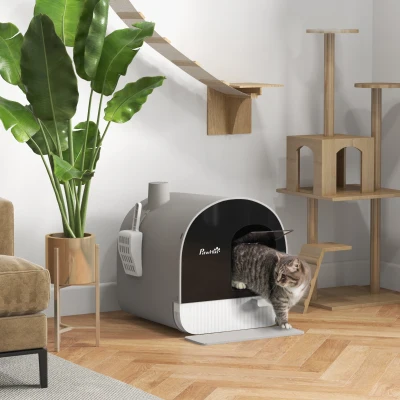 PawHut Katzentoilette mit Deckel, Streuschaufel, Schmutzfangmatte, Kunststoff, Grau/Schwarz