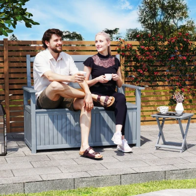 Outsunny Wooden Storage Bench 2-Seater - Grey