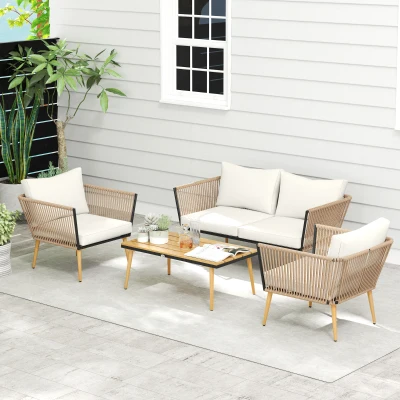 Outsunny Salon Jardin Résine Tressée 4 Places Crème avec Coussins