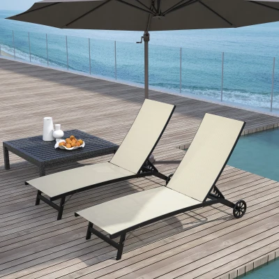 Outsunny 2 Bains de Soleil Aluminium Inclinables Roulettes Kaki