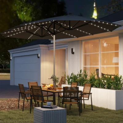 Outsunny Dubbele Parasol met Zonne-energie Verlichting, Aluminium, Polyester, UPF50+ Bescherming, UV-bestendig, Terras Parasol, Donkergrijs