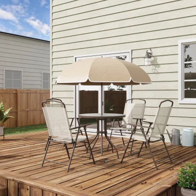 Outsunny Gartenmöbelset 6-teilig - Runder Tisch + 4 klappbare Stühle + Sonnenschirm - Epoxidbeschichteter Stahl in Braun Textilene Polyester in Beige