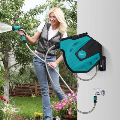 Tambur cu Furtun de 15 m Retractabil, 44x22,5x41 cm, Negru