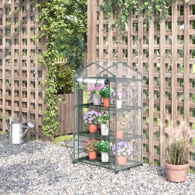Outsunny Garten-Gewächshaus mit 3 Etagen, Balkongewächshaus, verstärkte PVC-Folie, Stahlrahmen, aufrollbare Reißverschlusstür, für Gemüse Pflanzen Blumen, 69 x 49 x 125 cm, transparent