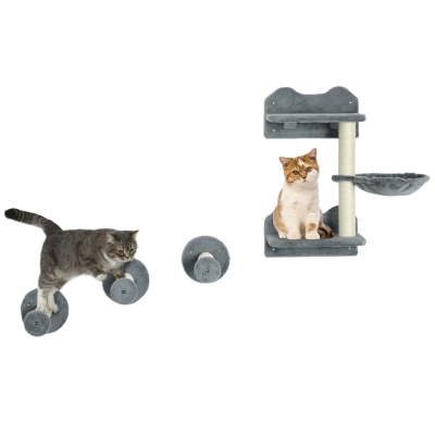 PawHut 4 Piece Wall-Mounted Cat Shelf Scratching Post Grey