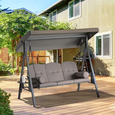 Outsunny Garten-Schaukel 3-Sitzer Großer Komfort Verstellbares Dach Kissen Ausziehbare Tablettspalten Gesponnenes Polyester Beige