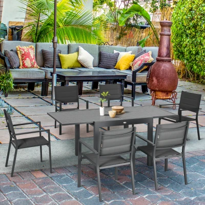 Outsunny Gartenmöbel-Set aus Aluminium und Textilene, ausziehbarer Tisch 90 bis 180 cm, 6 stapelbare Stühle, 4/6 Personen, dunkelgrau