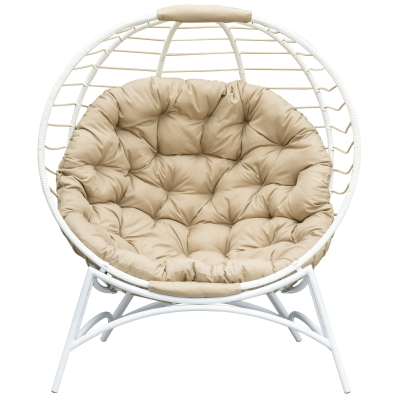 Outsunny Fauteuil cocon œuf aufklappbar 118 x 75 x 142 cm mit beige Kissen inklusive Metall Kunstharz Weiß und Beige