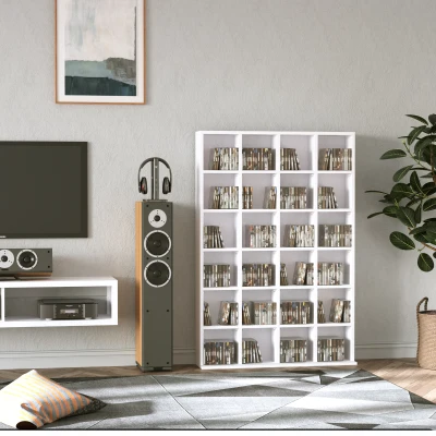 HOMCOM Multimedia-Aufbewahrungsregal 480 CDs/312 DVDs - Bücherregal aus Holz mit verstellbaren Regalen, 89 x 130,5 cm, weiß