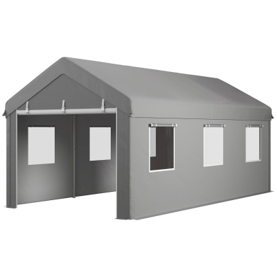 Outsunny Tente Garage Carport 6L x 2,95B x 2,78H m aus feuerverzinktem Stahl, PE-Abdeckung 160 g/m², 2 abnehmbare einrollbare Türen und 6 Fenster