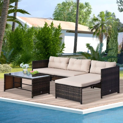 Outsunny Gartenmöbelset 2 Stück 4-Sitzer-Ecksofa + Couchtisch mit gehärteter Glasplatte + 5 Kissen Rattan-Imitation Braun