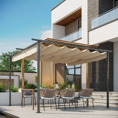 Outsunny Retraktierbare Pergola 4 x 4 m mit epoxidbeschichteter schwarzer Metallstruktur + inklusive hochdichter 180 g/m² Polyesterabdeckung in Beige