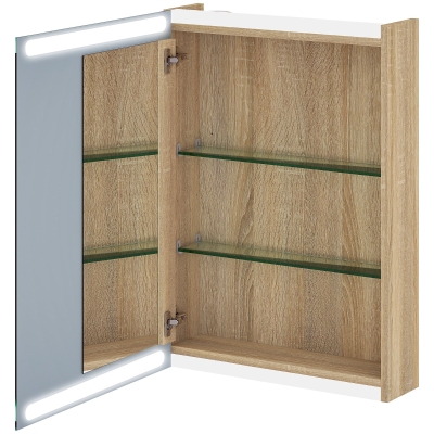HOMCOM Wandspiegelschrank Badezimmerschrank mit Spiegel, LED-Beleuchtung und verstellbaren Glasregalen 50x12,5x70cm, Naturholz