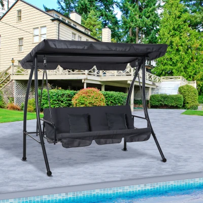 Outsunny Gartenliege, 3-Sitzer, komfortabel,  verstellbares Dach, Matratze, 2L x 1,25B x 1,7H m, Metall, Polyester, Schwarz, Anthrazit