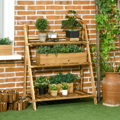 Outsunny Pflanzentreppe Blumenbank Blumentreppe Blumenregal Pflanzregal Blumenständer 3 Stufen Tannenholz Dunkelbraun 80 x 37 x 93 cm