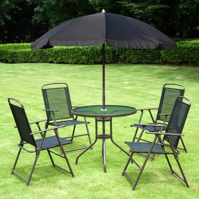 Outsunny Gartenmöbel-Set, 6-teilig - Runder Tisch + 4 klappbare Stühle + Sonnenschirm - Epoxidbeschichteter Stahl Kaffee Textilene Polyester Schwarz