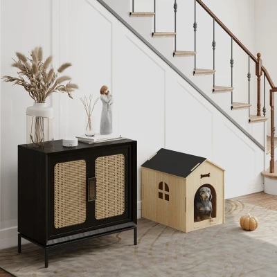PawHut Innennische für Hunde Haus Innendesign aus Holz mit hohlen Knochenmustern Fenster 44 x 57 x 58 cm Eiche
