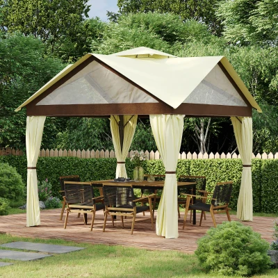 Outsunny Gartenpavillon Pavillon Pavillon Doppeldach mit abnehmbaren Seitenwänden Stahlrahmen 3,5 m x 3,5 m beige