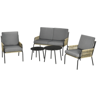 Outsunny Modulares Gartenmöbelset aus Polyrattan für 4 Personen, 5-teilig mit 1 2-Sitzer-Sofa, 2 Sesseln und 2 runden Kaffeetischen sand