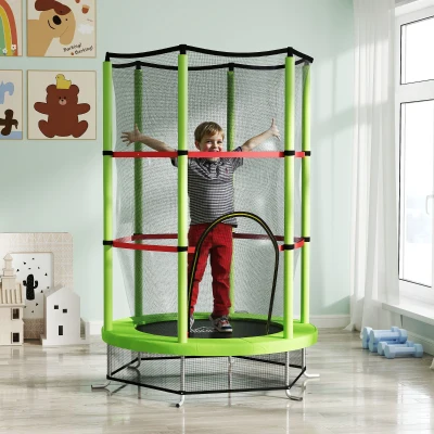 HOMCOM Kindertrampolin Sicherheitsnetz Reißverschlusstür 6 gepolsterte Stangen maximale Belastung 45 kg Ø 1,40 x 1,90H m Grün