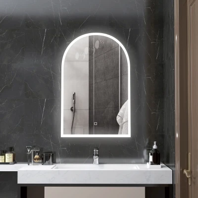 HOMCOM LED Badezimmerspiegel 90 x 60 cm, Wandmontage, 3 Farben, Bogenform, Aluminiumrahmen, Antibeschlag und Touchschalter