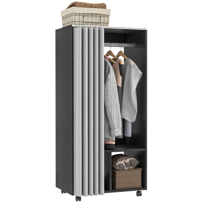 HOMCOM Kleiderschrank Mobiler Kleiderschrank mit Vorhang, Spanplatten, Kleiderstange, schwarz
