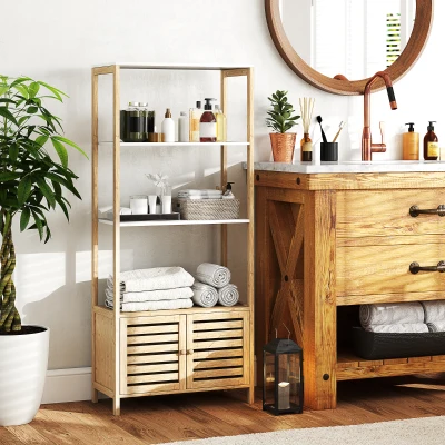 HOMCOM Badezimmerschrank Aufbewahrungsschrank aus Bambus 3 Regale 1 Schrank 63 x 30 x 138 cm Naturholz und Weiß