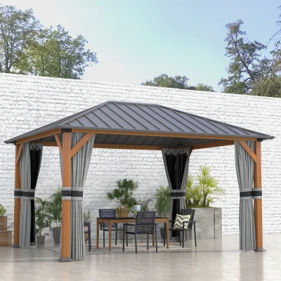 Outsunny Gartenpavillon mit festem Dach aus verzinktem Metall, Aluminiumrahmen, Vorhängen und Moskitonetzen, 3x4 m