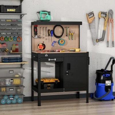 HOMCOM Werkbank mit perforiertem Panel Schublade offenes Regal Schrank mit 2 Schlüsseln und seitlicher Aufbewahrungsbox, Heimwerken und Gartenarbeit MDF und Metall 98,5 x 48 x 140 cm Schwarz