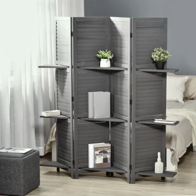 HOMCOM Innenraum Paravent 4 Paneelen 160 x 170 cm 3 Regale zusammenklappbarer Raumteiler Lamellentüren Paulownia-Holz