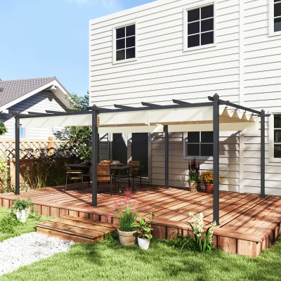 Outsunny Ausziehbare Pergola 3,5 x 6 m, Pergola für Terrasse, Aluminiumstruktur + Polyesterstoff - Beige
