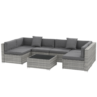 Outsunny 7-teiliges modulares Gartenmöbel-Set mit Glastischplatte und abnehmbaren Kissen inklusive grau