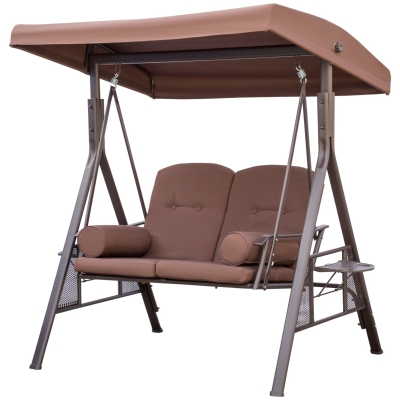 Outsunny Gartenliege für 2 Personen mit verstellbarem Sonnendach und Kissen aus Polyester-Spinnstoff Braun