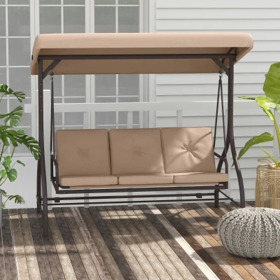 Outsunny Gartenliege für 3 Personen konvertierbar, hoher Komfort mit Polstern, verstellbarem Dach, Metall, Polyester, Khaki
