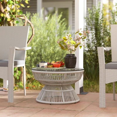 Outsunny Runder Gartencouchtisch, Beistelltisch aus Kunststoff-Rattan-Imitat und gehärteter Glasplatte Ø 60 x 37H cm