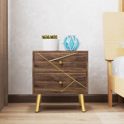 HOMCOM Nachttisch Beistelltisch mit 2 Schubladen goldene Griffe Stahlbeine 45 x 35 x 50 cm braune Holzmaserung