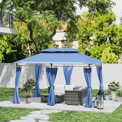 Outsunny Gartenpavillon 3 x 4 m Empfangszelt mit 6 abnehmbaren Vorhängen Doppeldach für Terrasse, Festival, Dunkelblau