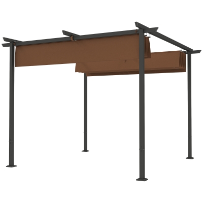 Outsunny Pergola Garten Outdoor 3x3 m ausziehbares Schiebedach 180 g/m² hochdichtes Polyester, Sonnenschutz UPF30+, braun
