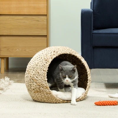 PawHut Katzenkorb Katzenhaus flauschiges Kissen geräumiges Innenleben aus Weide 45 x 41 x 37 cm braun