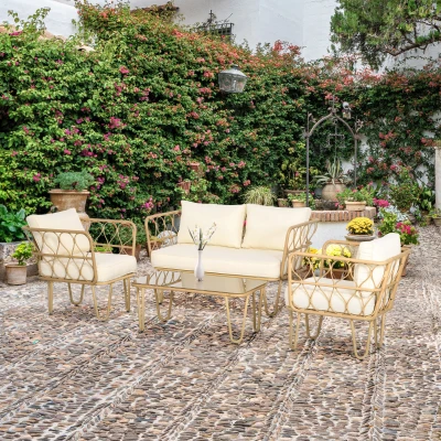 Outsunny Gartenmöbel-Set 2-Sitzer-Sofa + 2 Sessel + 1 Couchtisch mit Glasplatte 7 Kissen Beige