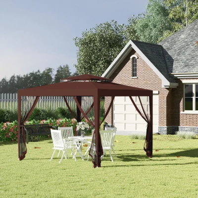Outsunny Gartenpavillon 3L x 3B m mit 4 abnehmbaren Moskitonetzen - Doppeltes Dach - Braun