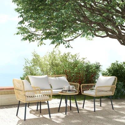 Outsunny Gartenmöbel-Set mit 4 Teilen 2-Sitzer-Sofa 2 Sessel mit 7 Kissen 1 runder Couchtisch, PE-Rattan