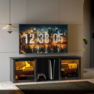 HOMCOM TV-Möbel mit LED-Beleuchtung für Fernseher bis zu 65 Zoll, 160cm mit verstellbaren Glastablaren, schwarz