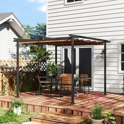 Outsunny Pergola Garten Outdoor 3x3 m ausziehbares Schiebedach 180 g/m² hochdichtes Polyester, Sonnenschutz UPF30+, braun