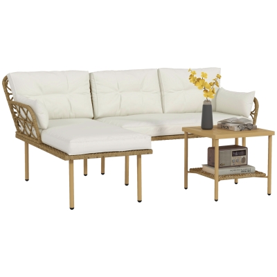 Outsunny Gartensofa-Ecke 4 Personen 3-teilig mit 1 Couchtisch Kissen hoher Komfort inklusive geflochtenes Rattan Creme