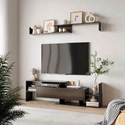 HOMCOM TV-Möbelset mit TV-Bank und Wandregal im zeitgenössischen Stil 153,6H cm - Schwarz